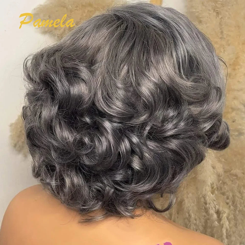 Short Bob Loose Wave Lace 13x4 Lace Front Wigs Pre Plucked Bleached Knots Pixie Cut Transparent Lace Front Gray Human Hair Wigs