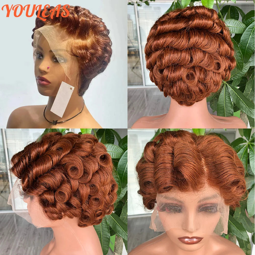 613 Blonde Pixie Cut Short Bob Deep Wave Human Hair Wigs Reddish Brown Short Bob 13x4 Transparent Lace Front Wigs Preplucked