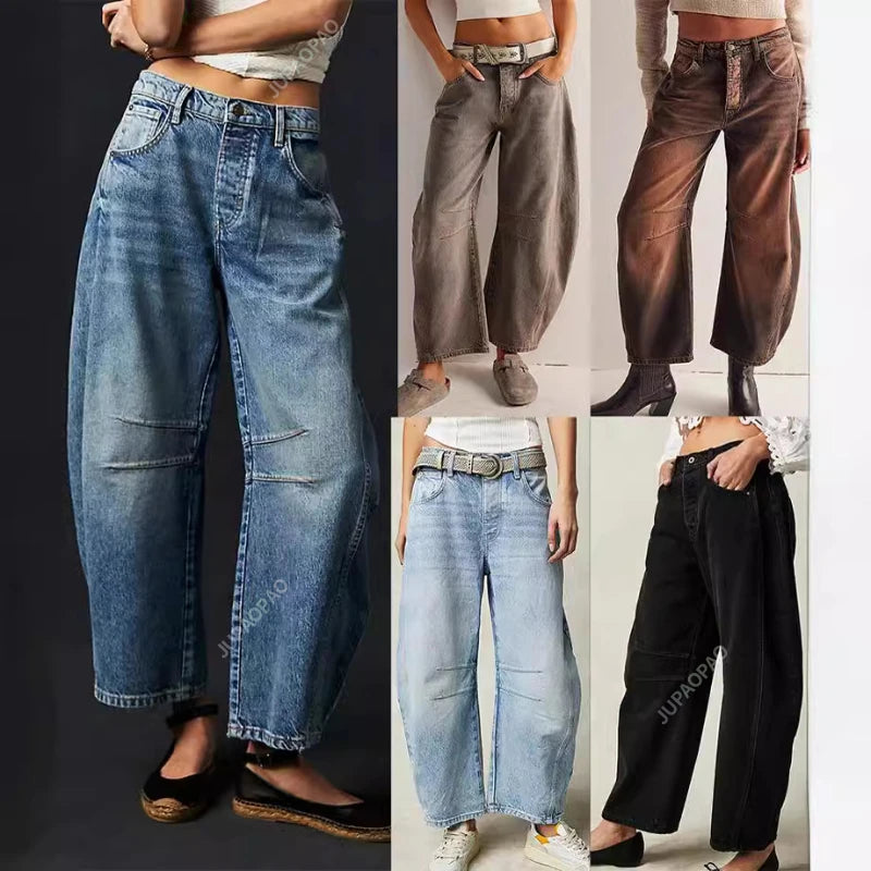 European and American Women's Casual Loose Mid Rise Jeans Trendy Loose Denim Pants Straight Leg Pants Round Neck Jeans Clothes