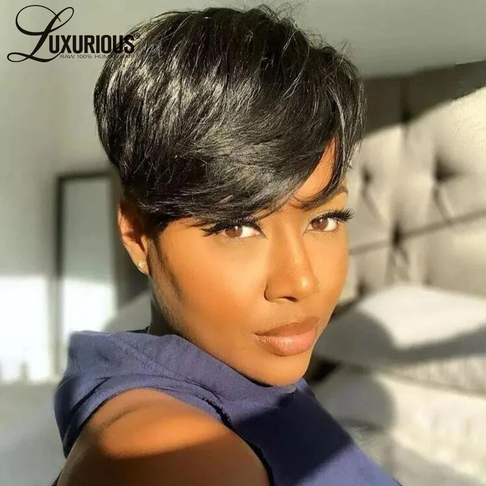 Short Bob Straight Human Hair Wig With Bangs Full Machine Made Long Pixie Cut Wig Glueless 150% Wave Wear And Go Wigs For Women