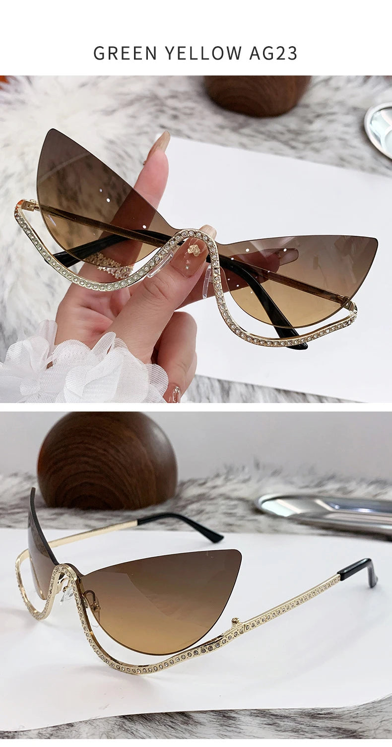 Sexy Cat Eye Rhinestone Rimless Sunglasses Women 2025 Luxury Brand Retro Metal Frame Punk Sun Glasses For Ladies Trendy Shades