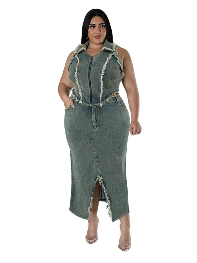 Plus Size 2-Piece Women's Summer Outfit Sleeveless Top And Blue Denim Skirt Set Elegant Lady Dress Wholesale Dropshipping