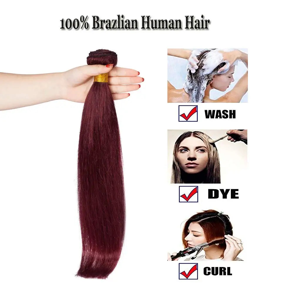 Wine Red #99J Remy Human Hair Weave 16-28 inch Long Silky Straight  Unprocessed Virgin Brazilian Hair Weft Extensions for Women