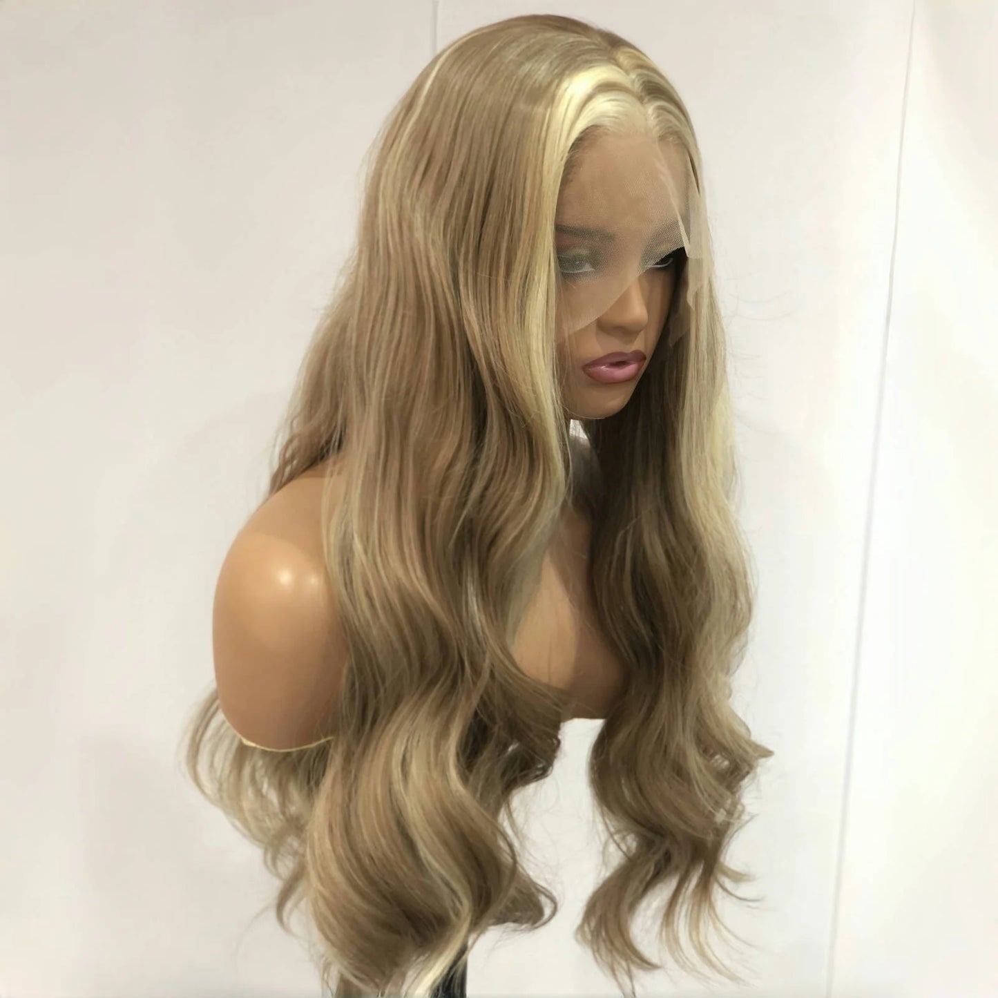 Brown Wig with Ash Blonde Highlights Synthetic Hair Long Wavy Loose Body Wave Streaks Money Piece 13X4 Frontal Wigs for Women