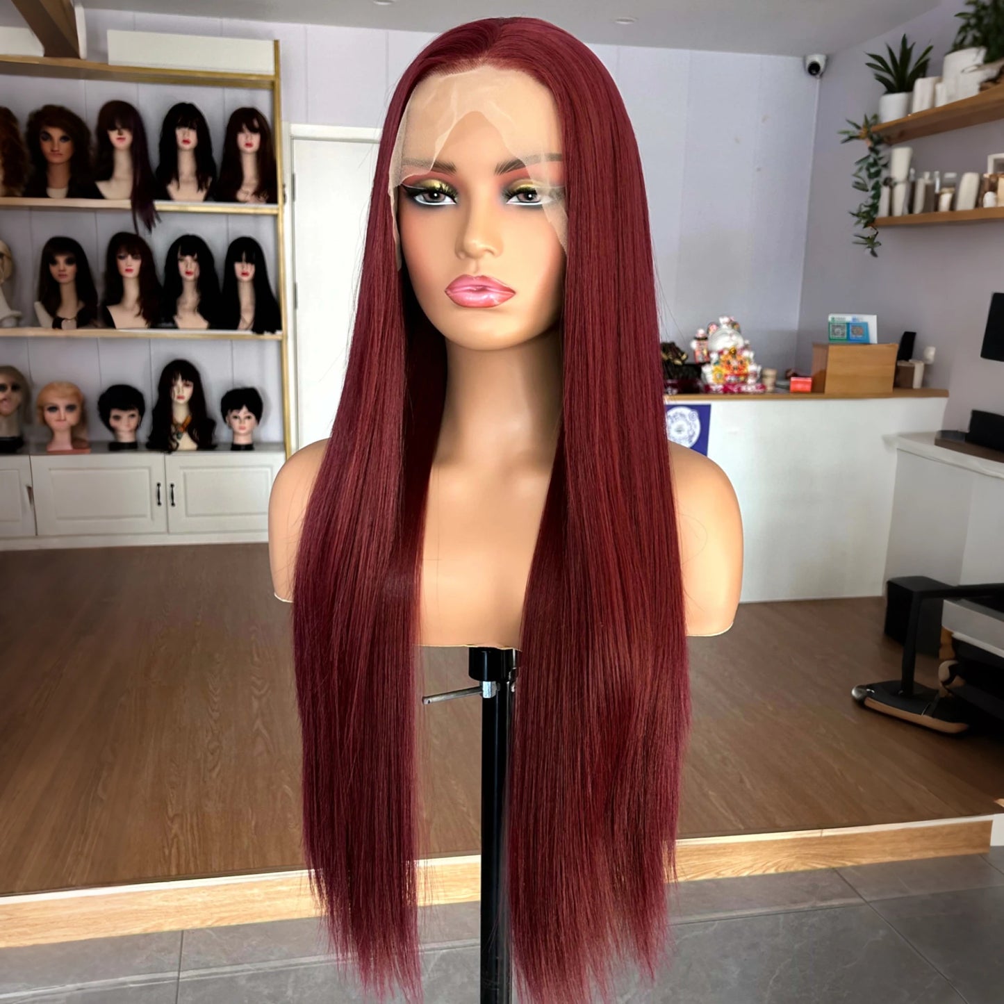 Burgundy Long Silky Straight Wig Synthetic Free Part Dark Red Natural Hair 13X4 Lace Front Wigs for Women Daily Party Cosplay