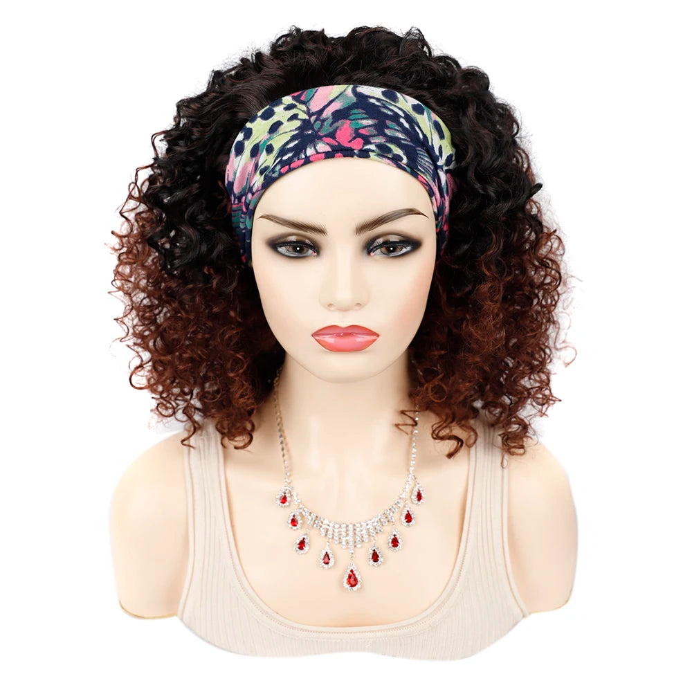 18 Inch Kinky Curly Headband Wig Ombre Afro Curly Wig with Scarf Natural Synthetic Fluffy Curly Turban Wigs for Women Cosplay