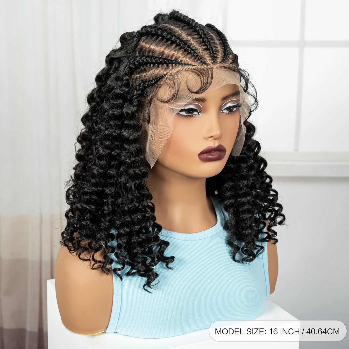16inch 13x6 Lace Frontal Curly Hair Bob Wigs with Cornrow Braids Synthetic Deep Wave Brazilian Remy Hair Wigs for Black Women