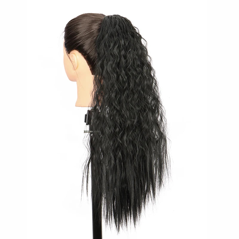22Inch Synthetic Long Kinky Curly Ponytail Hair Extension Drawstring Wrapped Clip in Hair Black Hairpiecefor Women