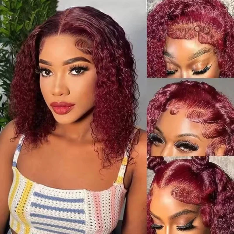 99J Colored Curly Deep Water Wave Lace Front Wig 13x4 Burgundy Remy Short Bob Frontal Human Hair Wigs Women Pre Plucked Wig 200%