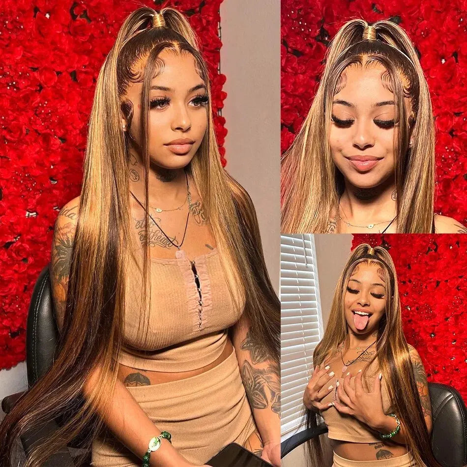 Highlight Colored Lace Front Human Hair Wigs For Women Pre Plucked 13x4 Bone Straight Transparent Lace Frontal Wig On Sale