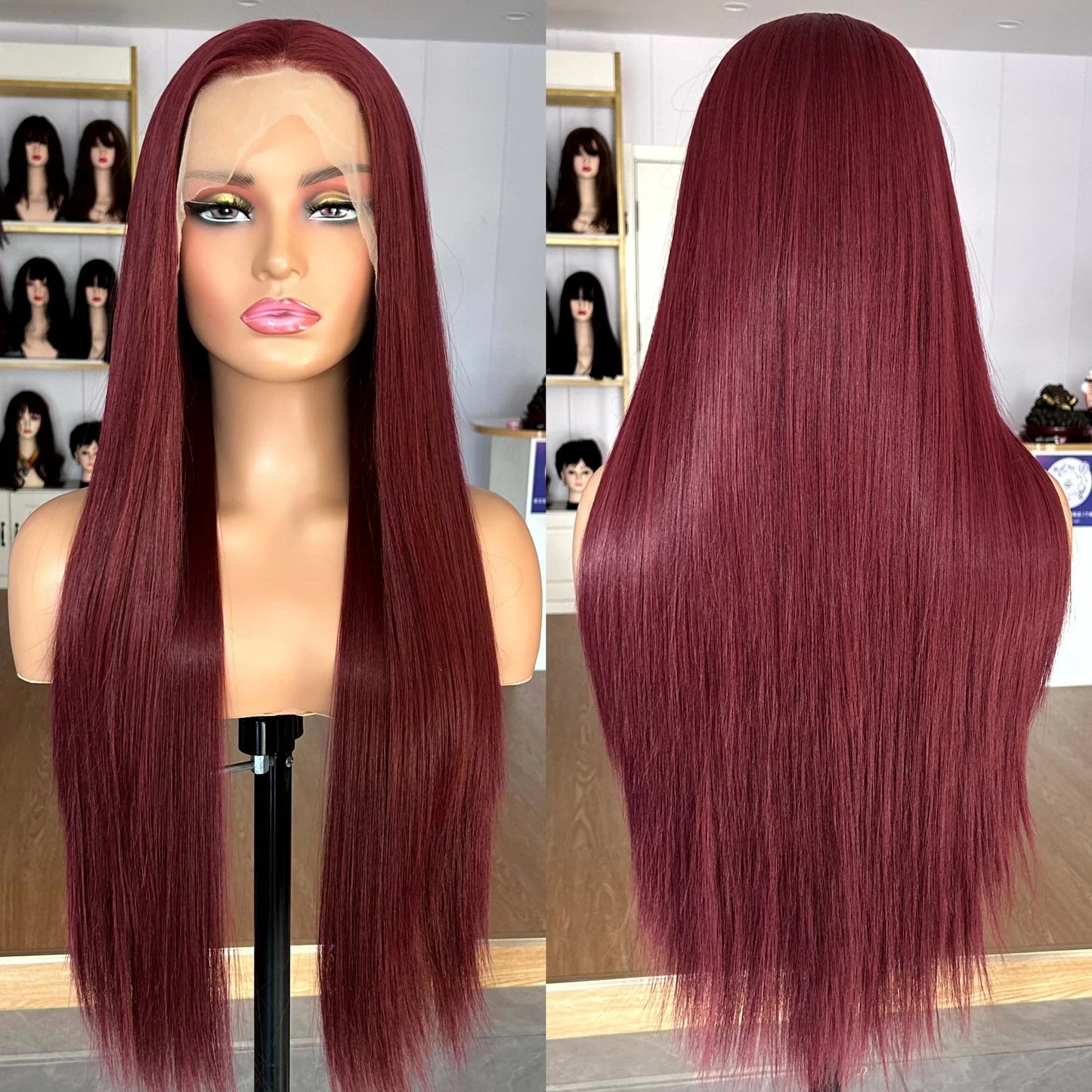 Burgundy Long Silky Straight Wig Synthetic Free Part Dark Red Natural Hair 13X4 Lace Front Wigs for Women Daily Party Cosplay