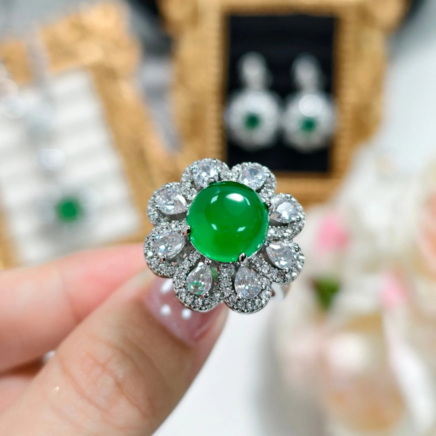 Valuable Lab Jade Diamond Jewelry set 925 Sterling Silver Engagement Wedding Rings Earrings Necklace For Women Bridal Party Gift