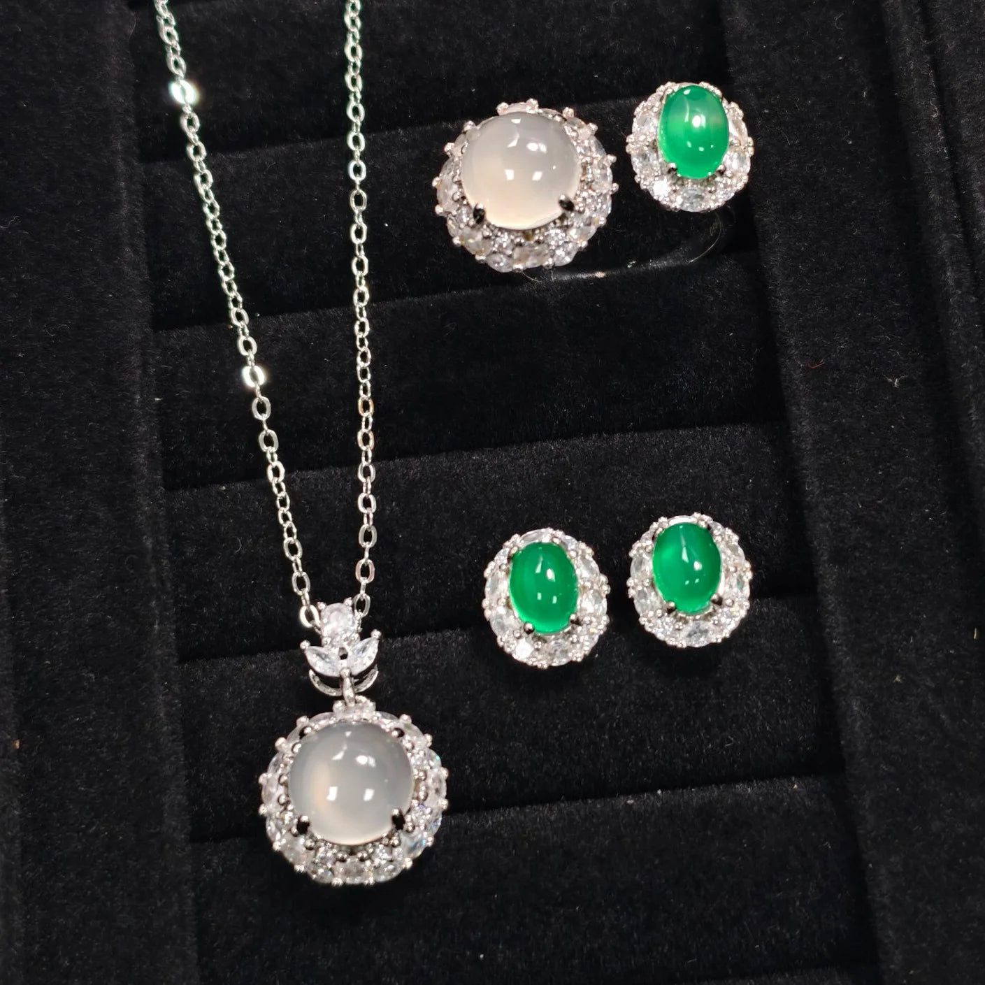 Valuable Lab Jade Diamond Jewelry set 925 Sterling Silver Engagement Wedding Rings Earrings Necklace For Women Bridal Party Gift