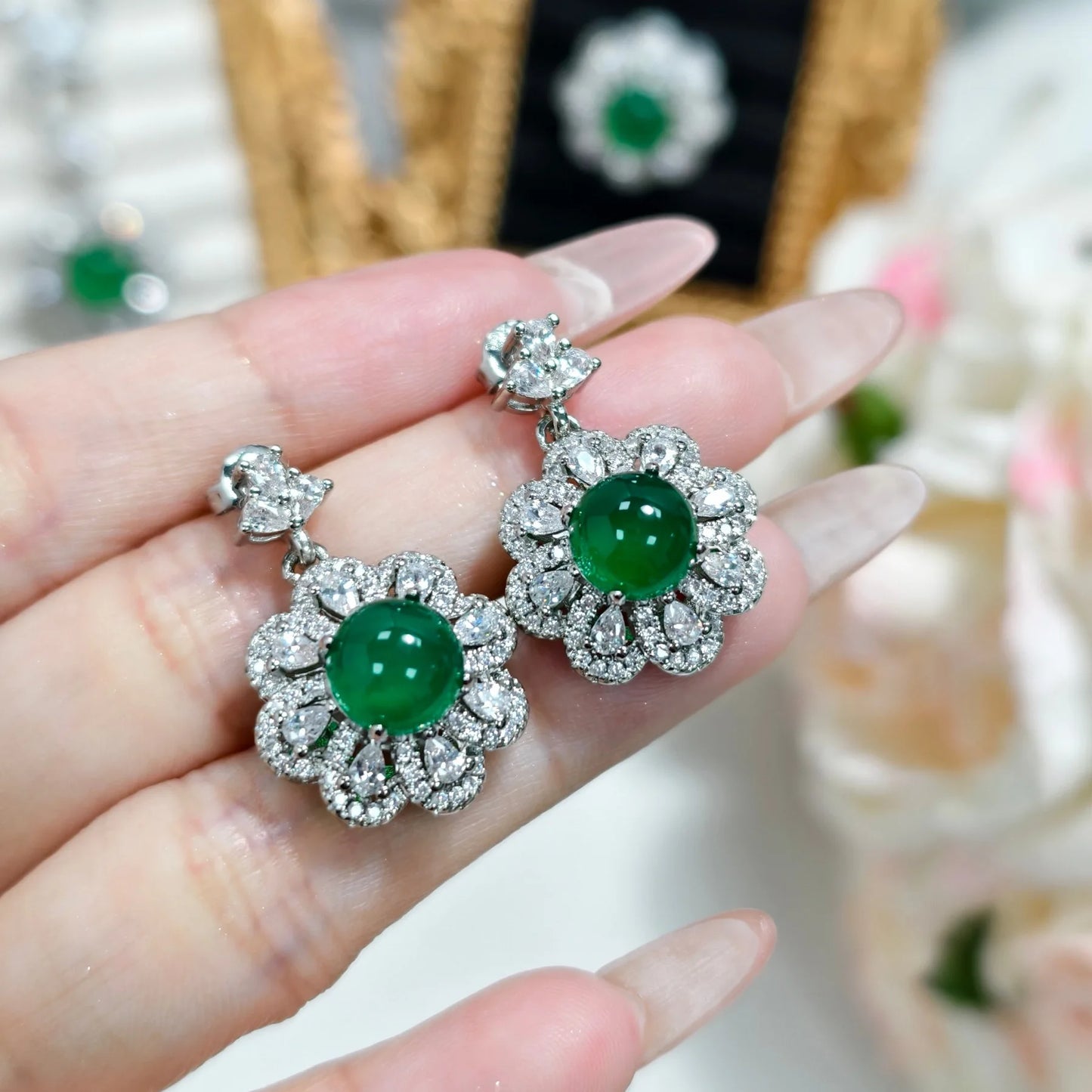 Valuable Lab Jade Diamond Jewelry set 925 Sterling Silver Engagement Wedding Rings Earrings Necklace For Women Bridal Party Gift