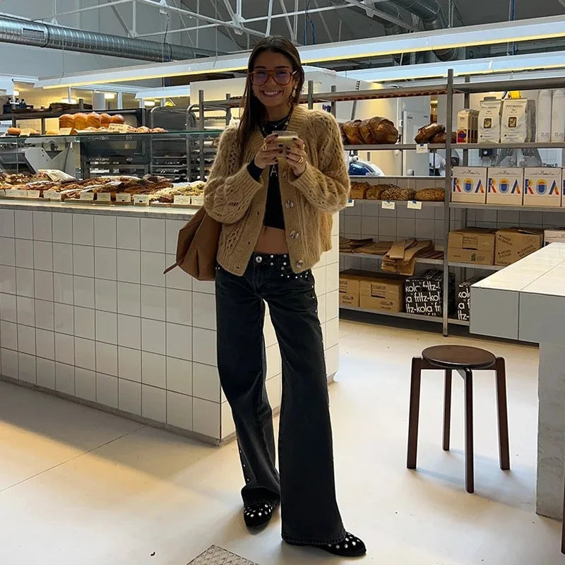 New Fashion Retro Rivet Star Print Baggy Straight Blue Jeans Y2K Women's Simple Classic Wide-leg Jeans Hip-hop Harajuku Jeans
