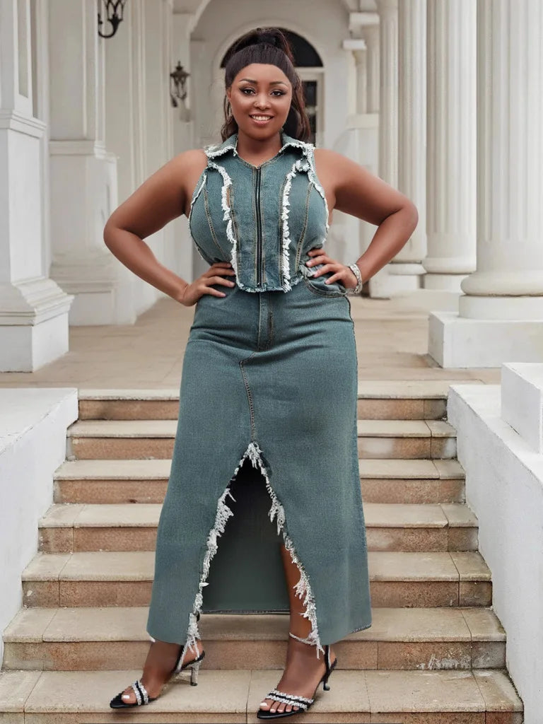 Two Piece Set Plus Size Clothes Summer Autumn V-Neck Sleeveless Denim Top And Maxi Skirt Women Sets Streetwear Office Lady Suit