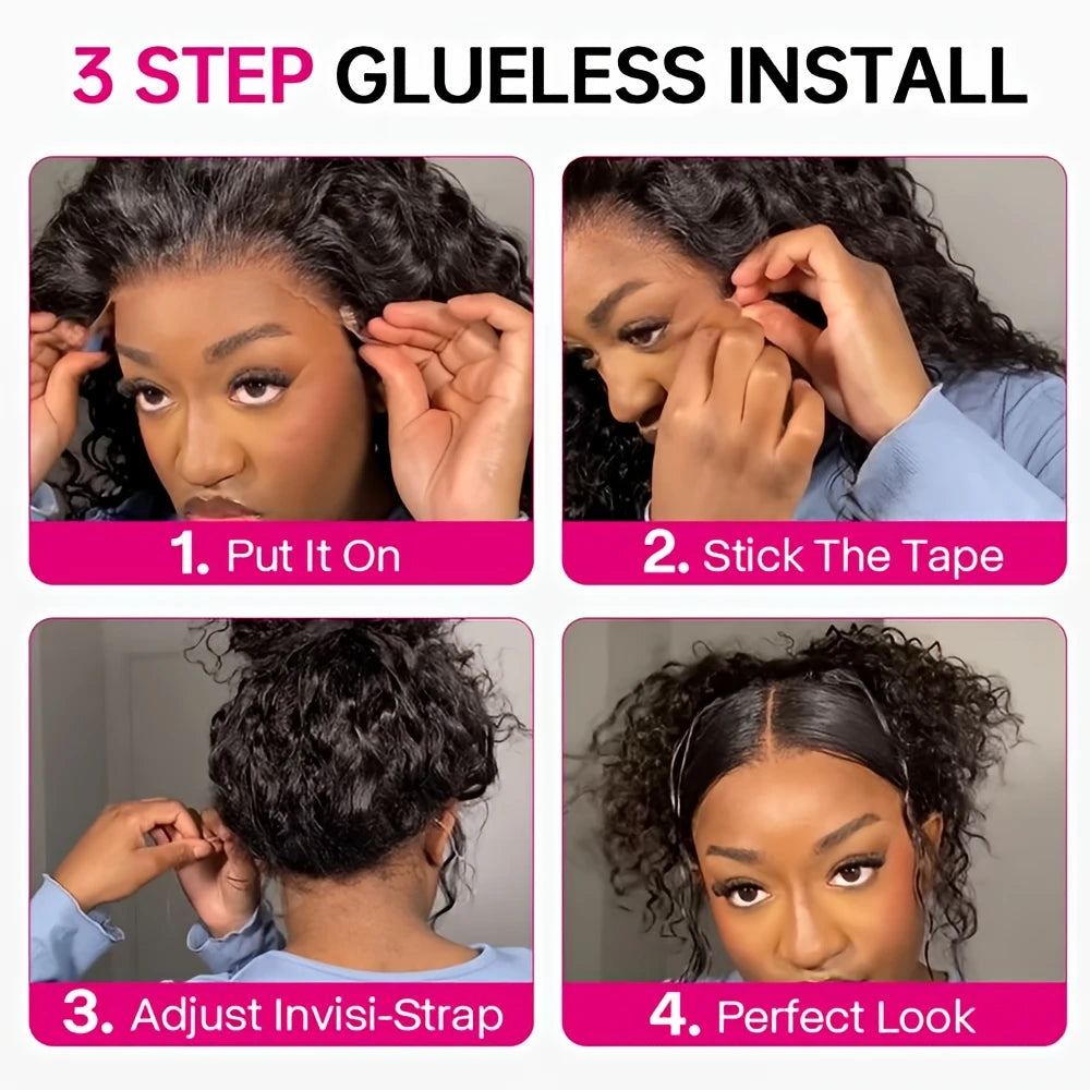 30-36 Inch 360 Full Invisi Strap Drawstring Sung Hd Lace 250 Density Water Kinky Curly Deep Human Hair Wig Black Glueless