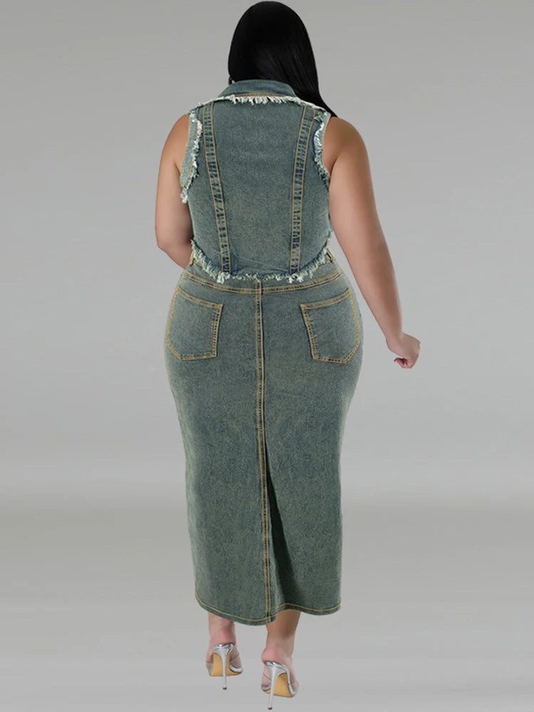 Plus Size 2-Piece Women's Summer Outfit Sleeveless Top And Blue Denim Skirt Set Elegant Lady Dress Wholesale Dropshipping
