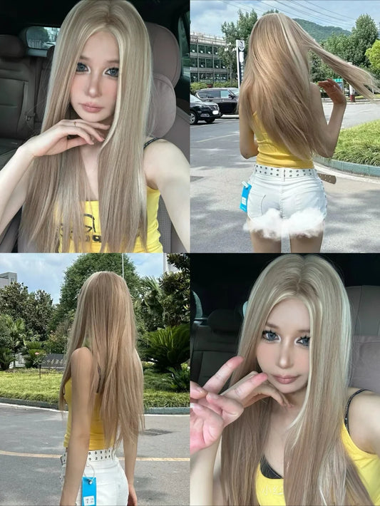 Blonde Wig for Women Long Straight Blonde Brown Wig Asian American Lace Front Synthetic  Wig for Daily Use Cosplay Ombre  Peluca
