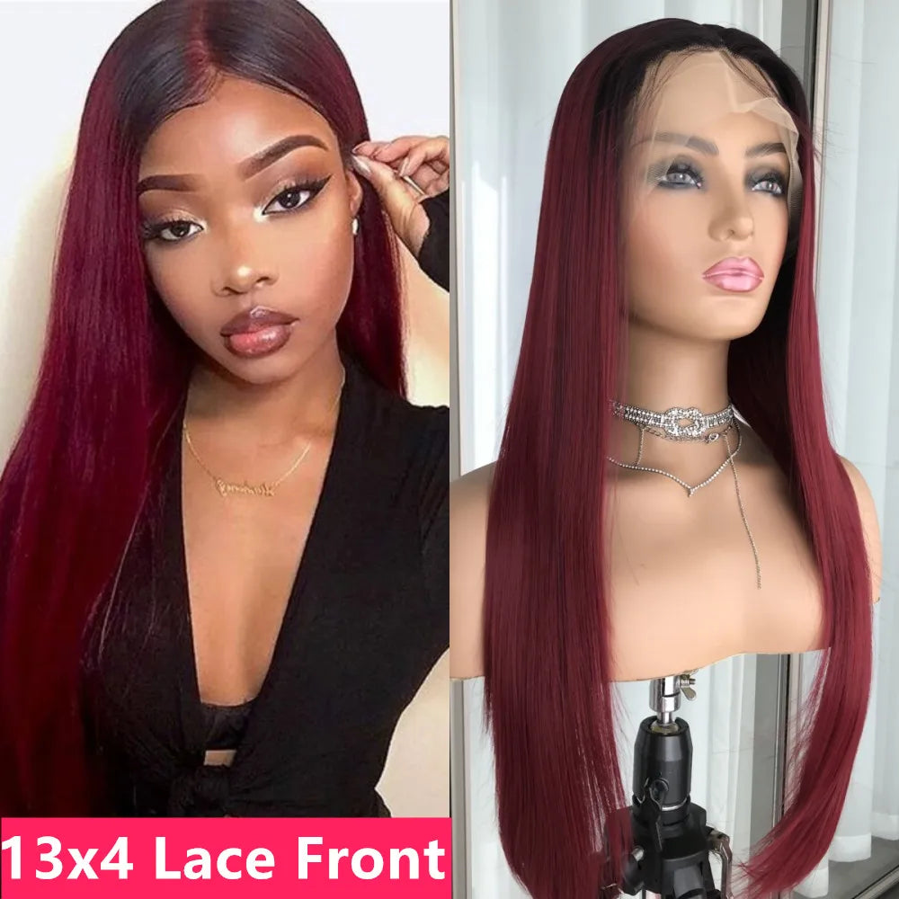 Lace Frontal Straight Lace Wigs for Women Synthetic Lace Wig 13x4" Lace Front Wig Black 99J Pre plucked Fiber Wig Daily Use