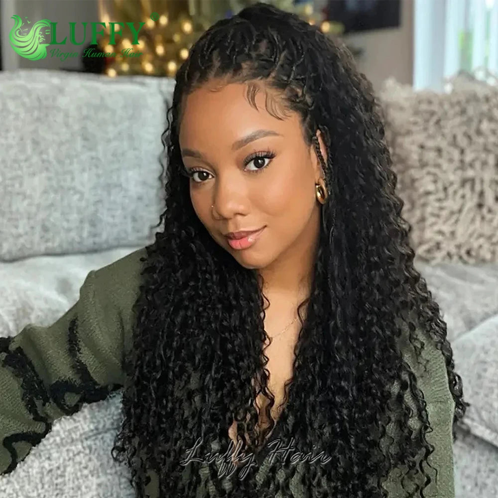 Boho Box Braids Wigs HD Full Lace Braided Wig Human Hair Curly Pre Plucked With Baby Hair Goddess Braided Wigs 300 Density