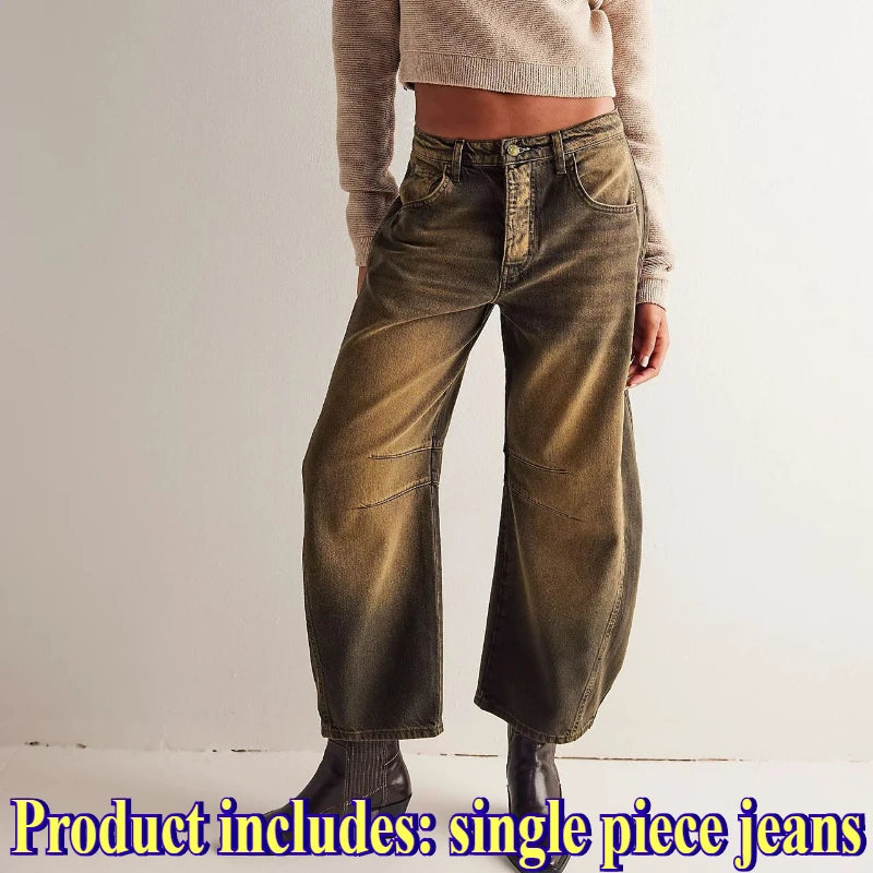 European and American Women's Casual Loose Mid Rise Jeans Trendy Loose Denim Pants Straight Leg Pants Round Neck Jeans Clothes