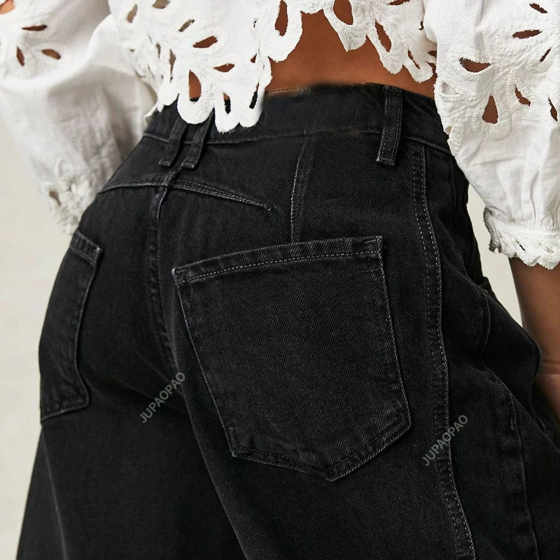 European and American Women's Casual Loose Mid Rise Jeans Trendy Loose Denim Pants Straight Leg Pants Round Neck Jeans Clothes