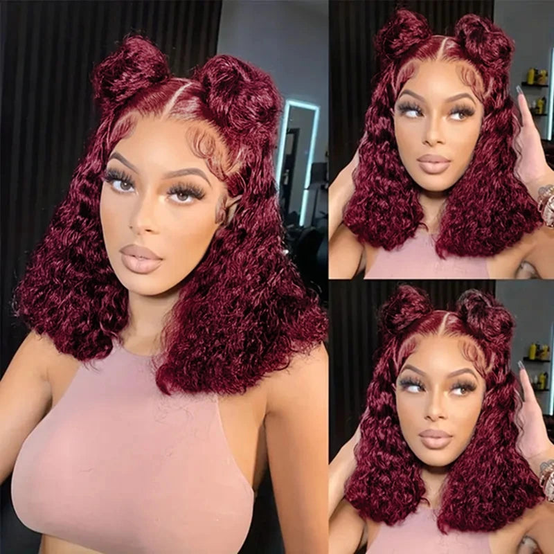 99J Colored Curly Deep Water Wave Lace Front Wig 13x4 Burgundy Remy Short Bob Frontal Human Hair Wigs Women Pre Plucked Wig 200%