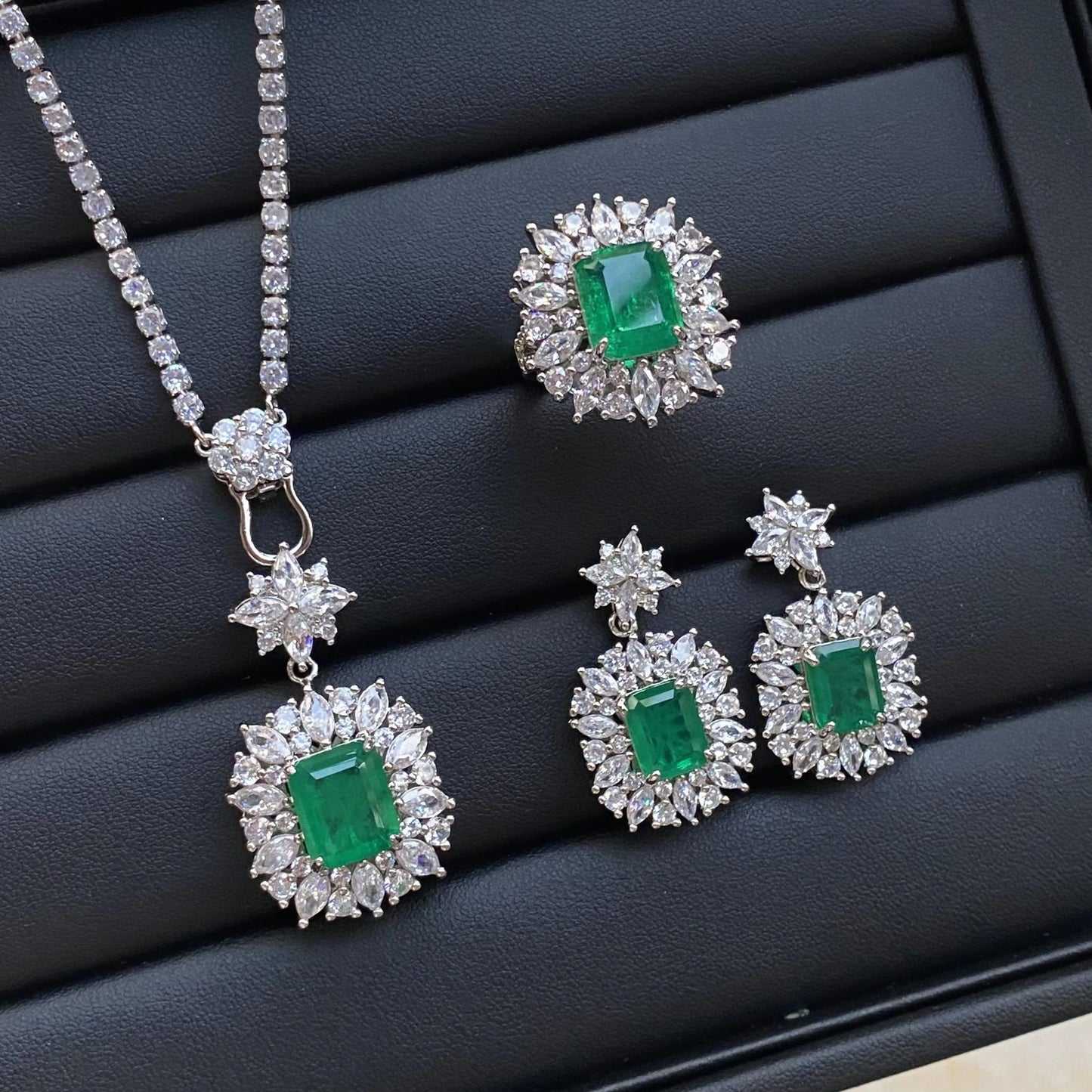 Valuable Lab Jade Diamond Jewelry set 925 Sterling Silver Engagement Wedding Rings Earrings Necklace For Women Bridal Party Gift