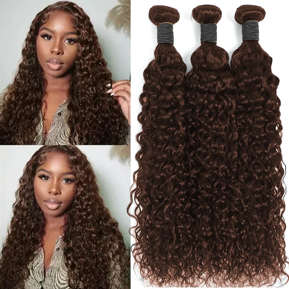 #4 Chocolate Brown Water Wave Curly 10-30 Inch Human Hair Bundles Deep Curly Wave Brazilian Virgin Raw Hair Sew-In Bundles