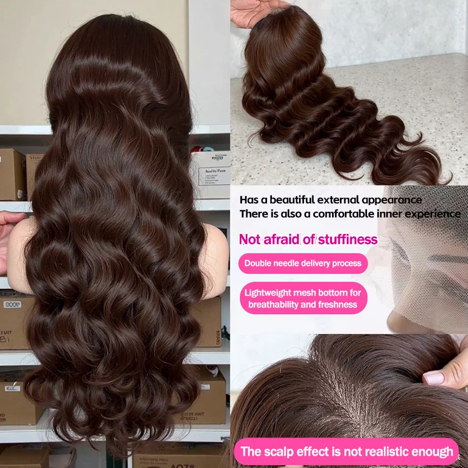 Rosabeauty Brazilian Chocolate Brown Body Wave Lace Front Human Hair Wigs 36 38 40 Inch Brown 13x6 HD Lace Frontal Wig For Women