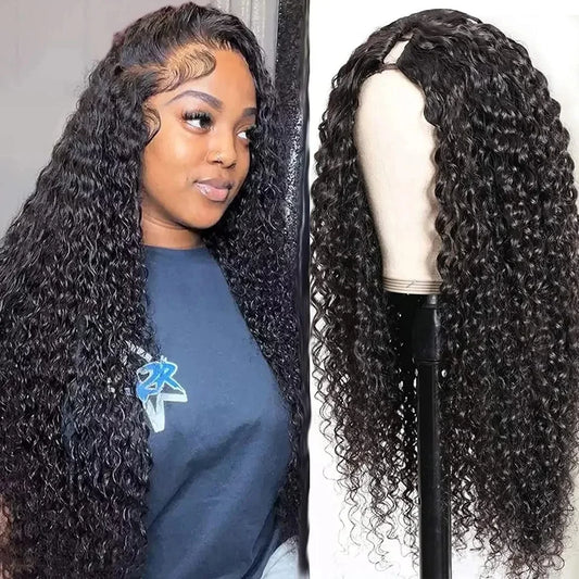 V Part Wig Human Hair No Leave Out Brazilian Water Wave Human Hair Wigs for Women V Part Deep Curly Wigs No Glue Wig Virgin 250%