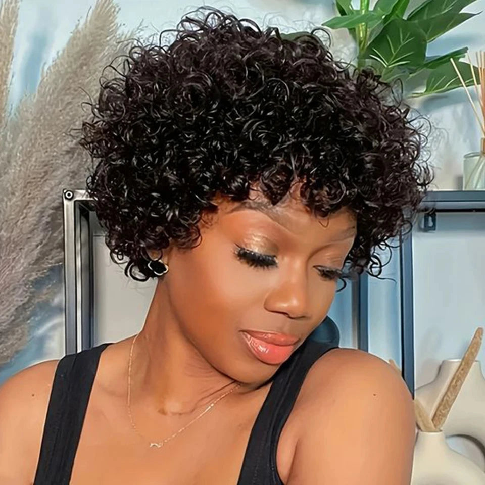Pixie Short Afro Curly Bob Human Hair Wigs With Bangs For Women Brazilian Remy Hair Put On And Go Natural Brown Kinky Curly Wigs