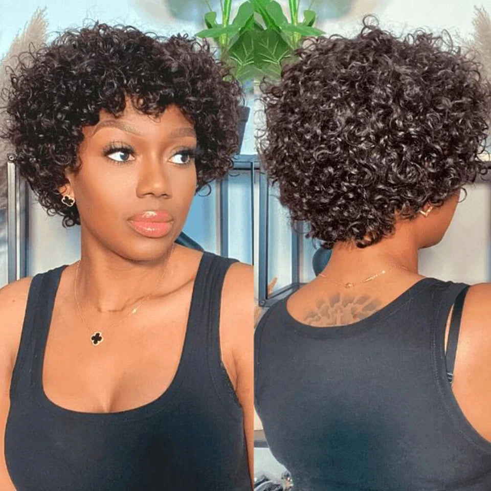 Pixie Short Afro Curly Bob Human Hair Wigs With Bangs For Women Brazilian Remy Hair Put On And Go Natural Brown Kinky Curly Wigs