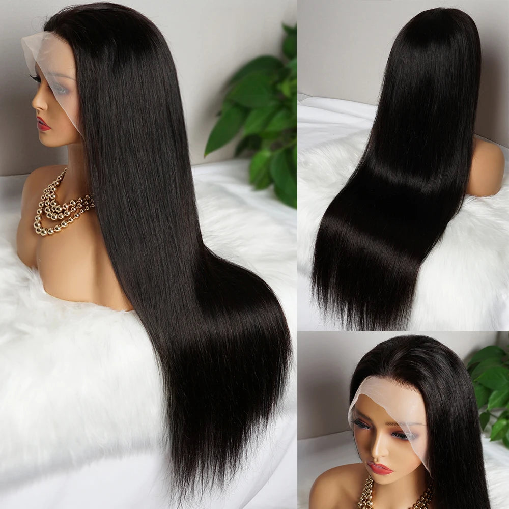 250% 36 inch Straight Lace Front Wig Human Hair Wigs For Women Pre-Plucked Transparent Lace Free Middle Part Natural Black Bobbi
