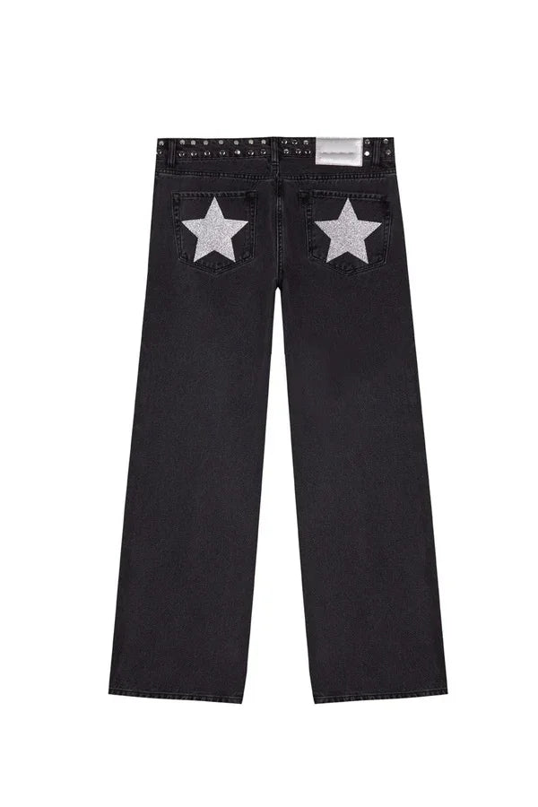 New Fashion Retro Rivet Star Print Baggy Straight Blue Jeans Y2K Women's Simple Classic Wide-leg Jeans Hip-hop Harajuku Jeans