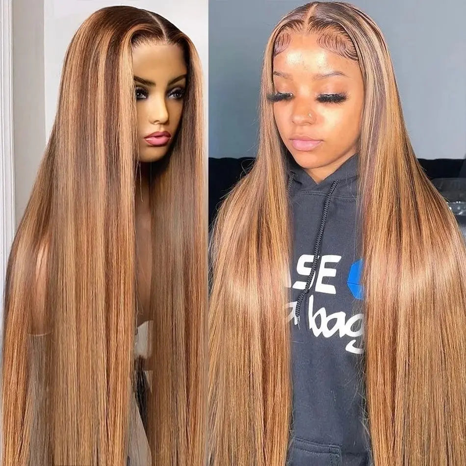 Highlight Colored Lace Front Human Hair Wigs For Women Pre Plucked 13x4 Bone Straight Transparent Lace Frontal Wig On Sale