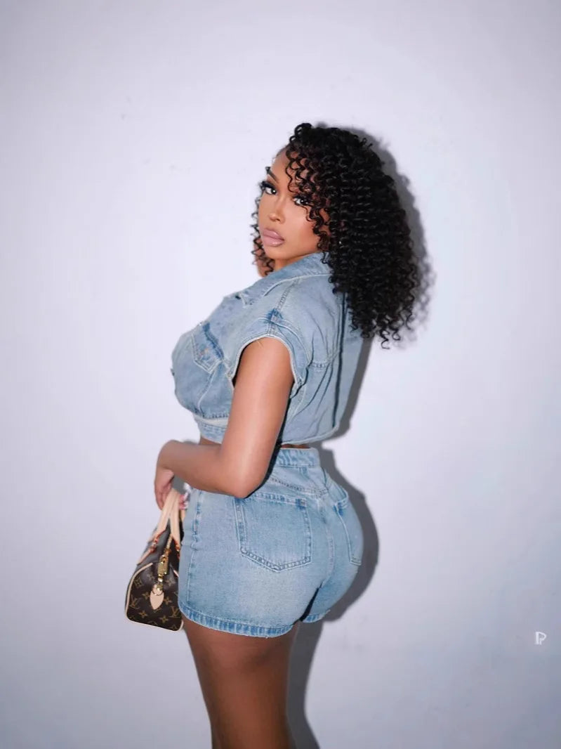 CM.YAYA Fashion Denim Women's Set Short Sleeve Jackets Tops and Shorts Jeans Sets 2025 Summer Two 2 Piece Sets Outfits Tracksuit