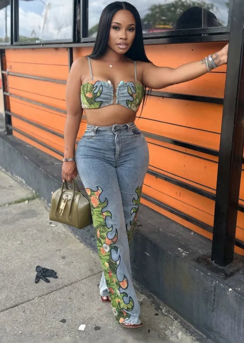 CM.YAYA Fashion Denim Women's Set Spaghetti Strap Crop Top and Wide Leg Jeans Pants Suit 2025 Holiday Two 2 Piece Set Outfit