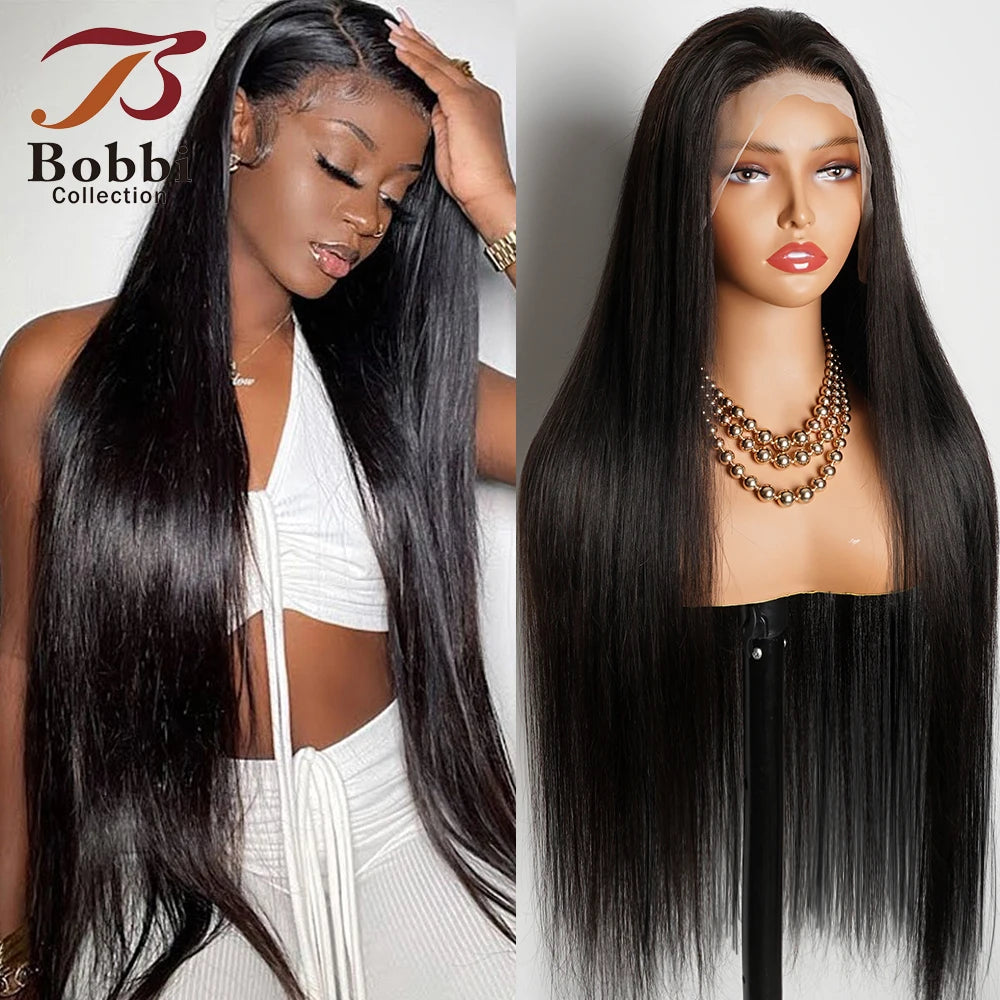 250% 36 inch Straight Lace Front Wig Human Hair Wigs For Women Pre-Plucked Transparent Lace Free Middle Part Natural Black Bobbi