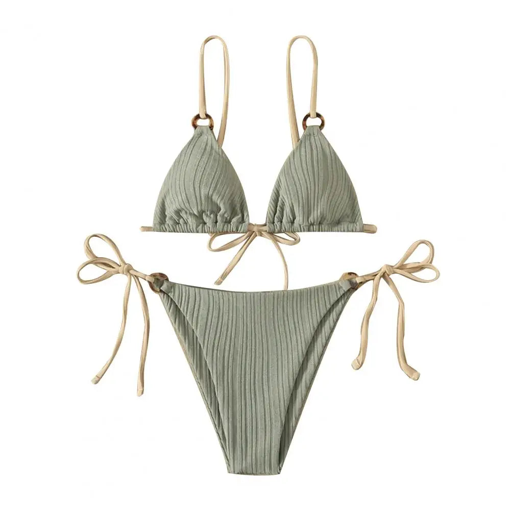 Padded Three-point Women Bikini Set Solid Color Spaghetti Strap Hoop Women Swimsuit Two-piece Swimwear Wireless Bathing Suit