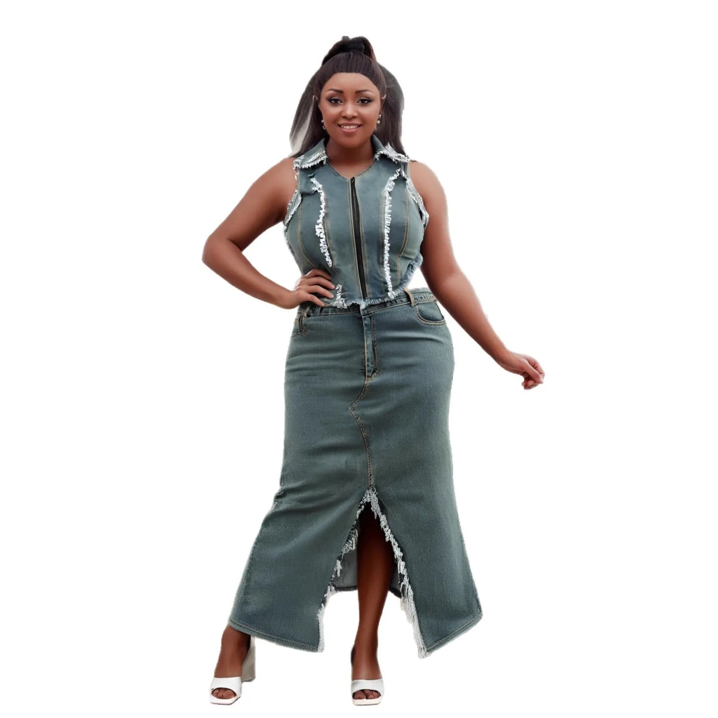 Two Piece Set Plus Size Clothes Summer Autumn V-Neck Sleeveless Denim Top And Maxi Skirt Women Sets Streetwear Office Lady Suit
