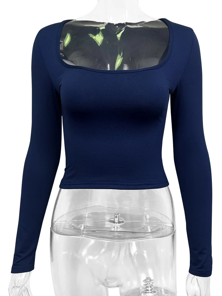Fairyshely 2025 Spring Blue Casual Bodycon T-shirt Sexy Autumn Women Solid Bodycon Crop Top Lady Long Sleeve Clud Short Tops