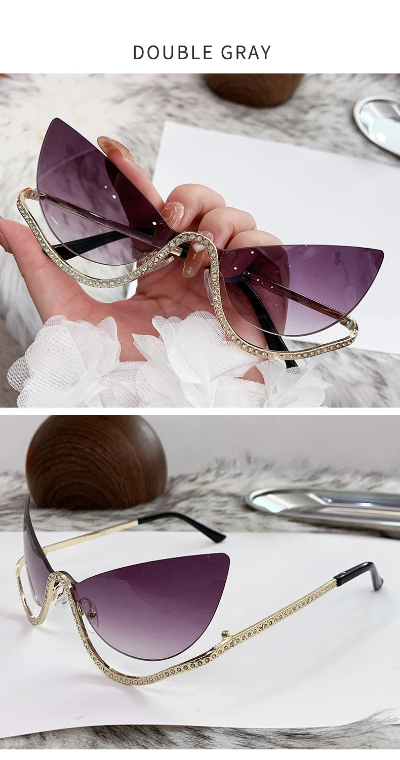 Sexy Cat Eye Rhinestone Rimless Sunglasses Women 2025 Luxury Brand Retro Metal Frame Punk Sun Glasses For Ladies Trendy Shades