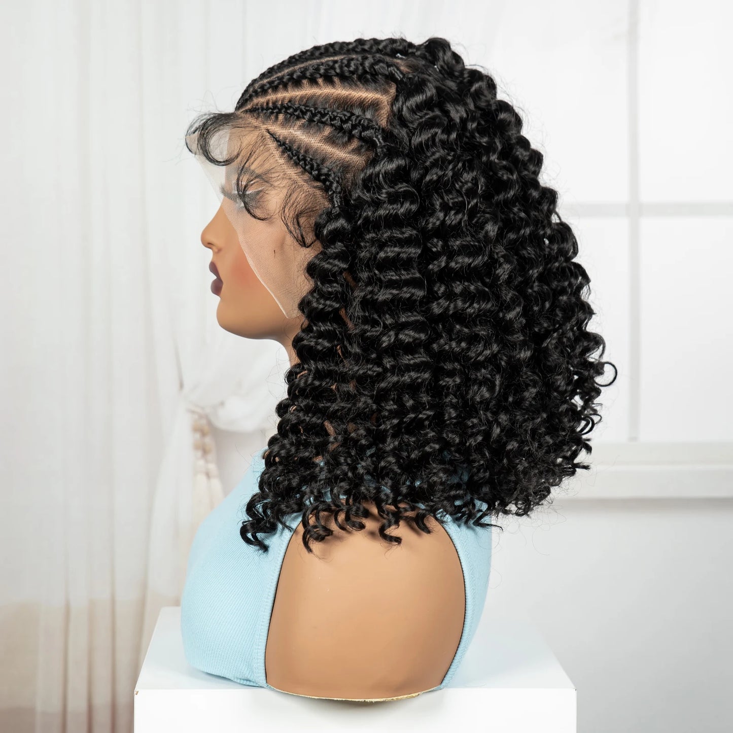 16inch 13x6 Lace Frontal Curly Hair Bob Wigs with Cornrow Braids Synthetic Deep Wave Brazilian Remy Hair Wigs for Black Women