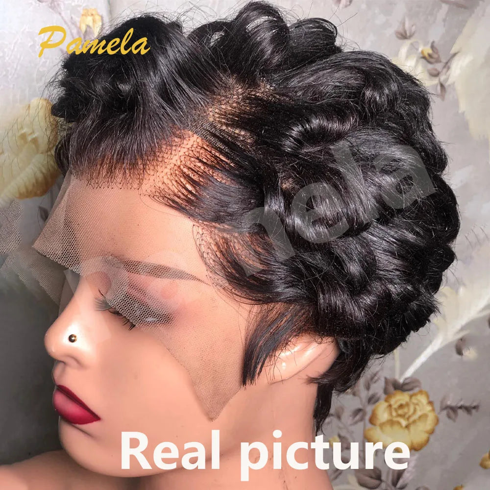 Reddish Brown Short Bob Loose Wave Human Hair Wigs Honey Blonde Short Bob Pixie Cut Transparent Lace Front Wigs For Women