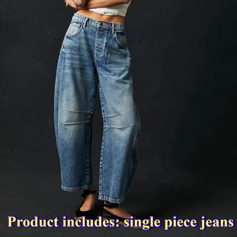 European and American Women's Casual Loose Mid Rise Jeans Trendy Loose Denim Pants Straight Leg Pants Round Neck Jeans Clothes