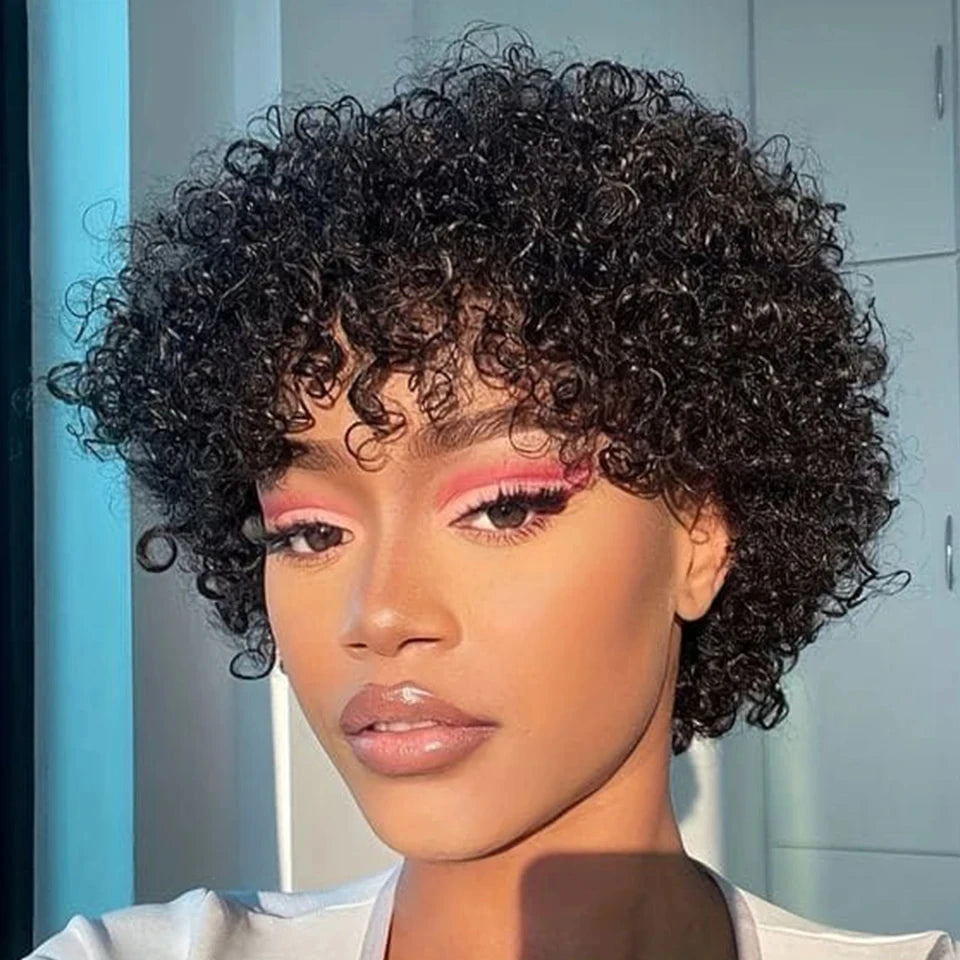 Pixie Short Afro Curly Bob Human Hair Wigs With Bangs For Women Brazilian Remy Hair Put On And Go Natural Brown Kinky Curly Wigs