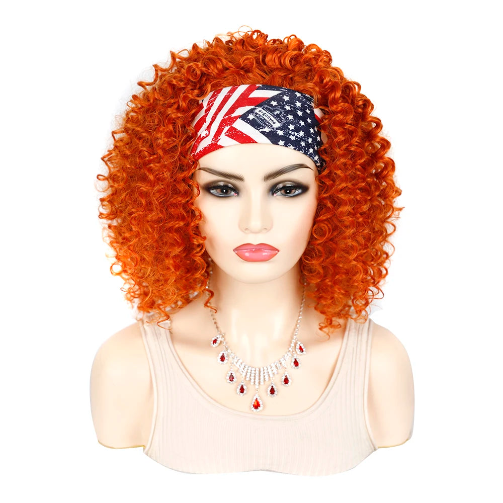 18 Inch Kinky Curly Headband Wig Ombre Afro Curly Wig with Scarf Natural Synthetic Fluffy Curly Turban Wigs for Women Cosplay