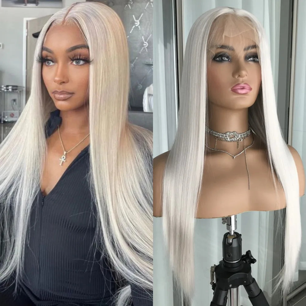 Highlight Blonde Platinum Straight Lace Front Wig Synthetic Hair for Women 13x4” Lace Frontal Wig Pre Plucked Blonde Colored Wig